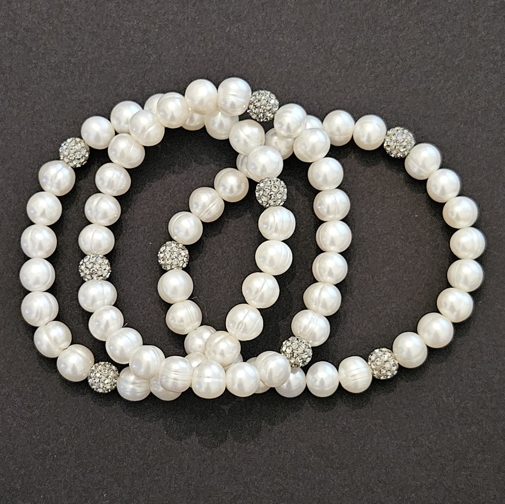 Honora White Pearl Bracelet Set With Silver Crystal Beads